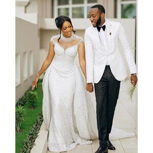 IS-NWT US 4 Mermaid Wedding Dress Detachable Train High Neck Gown Cap Sleeve